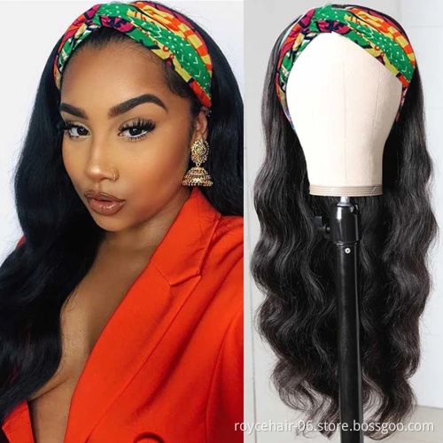 Machine Made No Lace Wigs No Glue and No Sew In More HairHuman Hair Headband Scarf Wig for American American Women